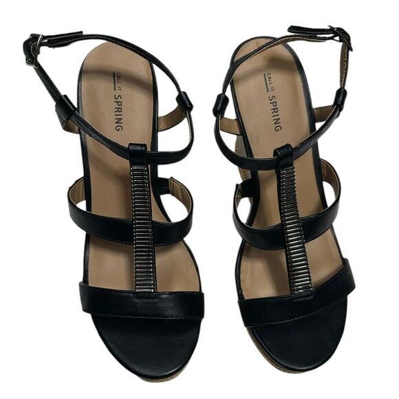 Call It Spring Black Cork Wedge Sandals with Rhinestone Accent Size 8.5 - Picture 2 of 12